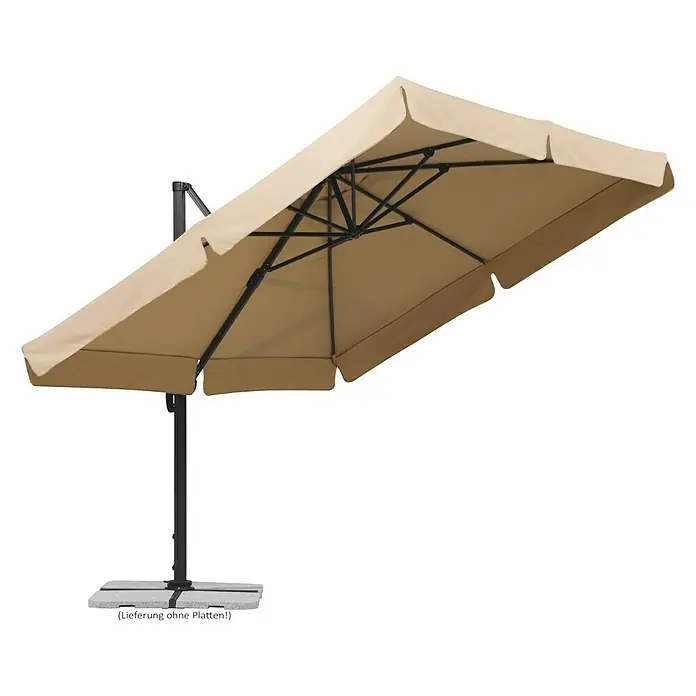Schneider Classic Ampelschirm Rhodos - Natur, Bespannungsmaß (L x B): 300 x 300 cm - Gartenschirm in Beige mit dunklem Gestell und grauem Sockel. Der Sonnenschirm bietet Schutz und spendet Schatten.