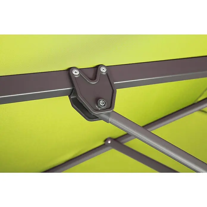 Schneider Classic Ampelschirm Rhodos Junior - Apfelgrün, Bespannungsmaß (L x B): 270 x 270 cm - Nahaufnahme des Verbindungstücks eines Sonnenschirms, das die Konstruktion und das grüne Schirmdach zeigt.