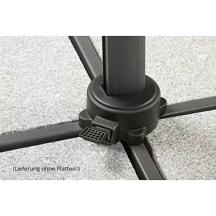 Schneider Classic Ampelschirm Rhodos - Anthrazit, Bespannungsmaß (L x B): 300 x 300 cm - Dunkelgrauer Sonnenschirmständer mit quadratischer Mastaufnahme und Auslegern für Platten. Eine kleine, gerasterte Klappe ist geöffnet.