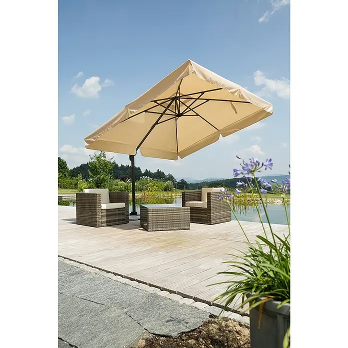 Schneider Classic Ampelschirm Rhodos - Natur, Bespannungsmaß (L x B): 300 x 300 cm - Eine stilvolle Outdoor-Lounge-Gruppe mit Sonnenschirm lädt zum Verweilen im Garten oder auf der Terrasse ein und bietet Schutz vor der Sonne.