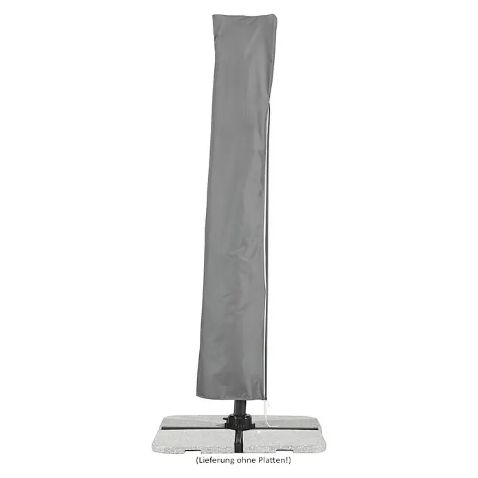 Schneider Classic Ampelschirm Rhodos - Anthrazit, Bespannungsmaß (L x B): 300 x 300 cm - Eine graue Schutzhülle für einen Sonnenschirm mit Reißverschluss, die auf einem grauen Sockel steht. Sie ist für den Außeneinsatz konzipiert.