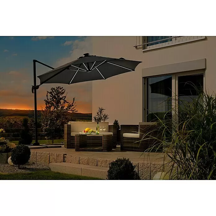 Schneider Ampelschirm rund Rhodos Blacklight - Anthrazit, Durchmesser Bespannung: 300 cm - Dunkelgrauer Ampelschirm mit beleuchteten LED-Leuchten an den Streben, schafft Abendstimmung auf der Terrasse.