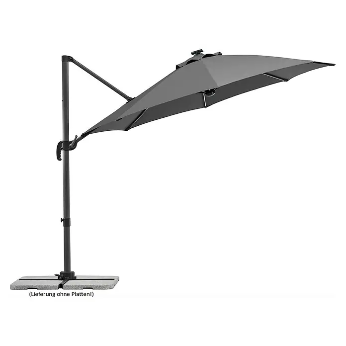 Schneider Ampelschirm rund Rhodos Blacklight - Anthrazit, Durchmesser Bespannung: 300 cm - Grauer Ampelschirm mit Standfuß. Der Sonnenschirm bietet Schatten und Schutz vor der Sonne im Garten oder auf der Terrasse.