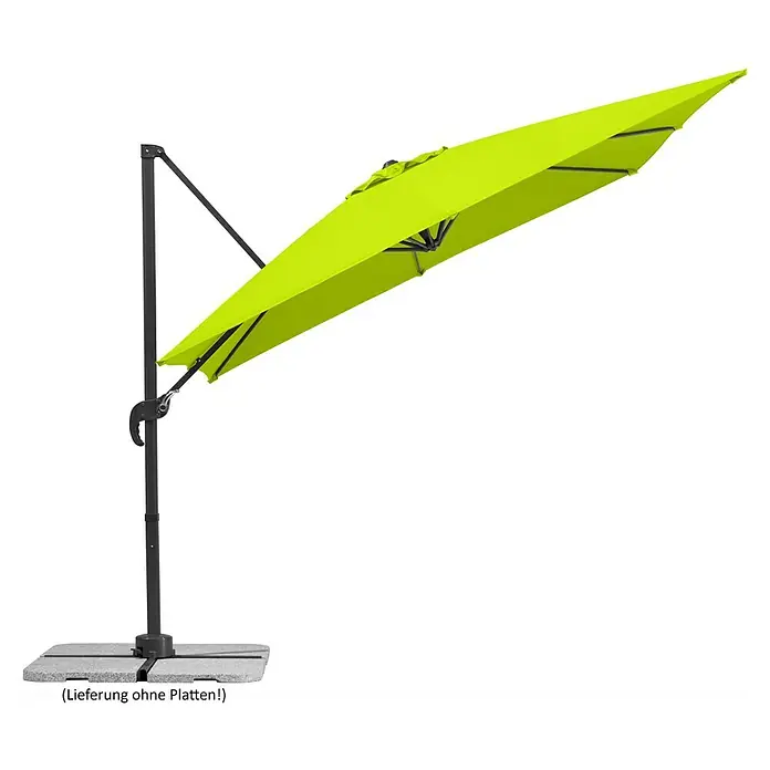 Schneider Classic Ampelschirm Rhodos Junior - Apfelgrün, Bespannungsmaß (L x B): 270 x 270 cm - Helle, grüne Sonnenschirm, der auf einem grauen Betonsockel steht. Der Schirmmast ist dunkelgrau und stabil.