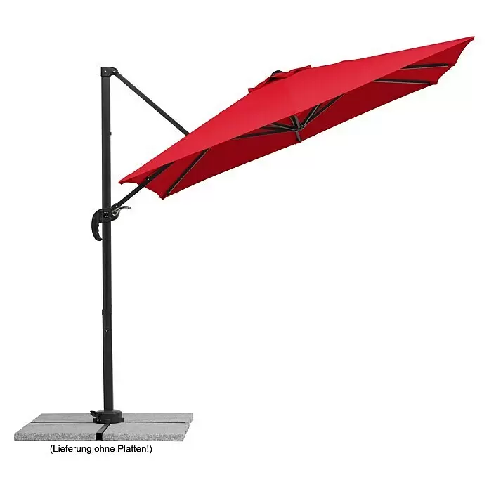 Schneider Classic Ampelschirm Rhodos Junior - Rot, Bespannungsmaß (L x B): 230 x 230 cm - Roter Ampelschirm mit schwarzem Gestell und grauem Kreuzfuß.