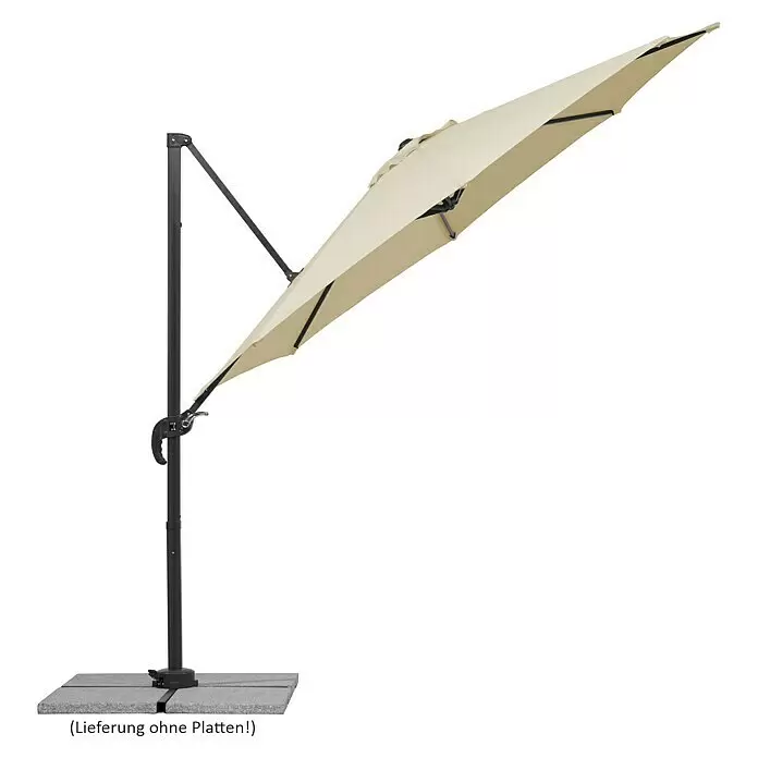 Schneider Ampelschirm rund Rhodos Junior - Natur, Durchmesser Bespannung: 300 cm - Beiger Ampelschirm mit dunkelgrauem Gestell und Standfuß, zum Schatten spenden geneigt.