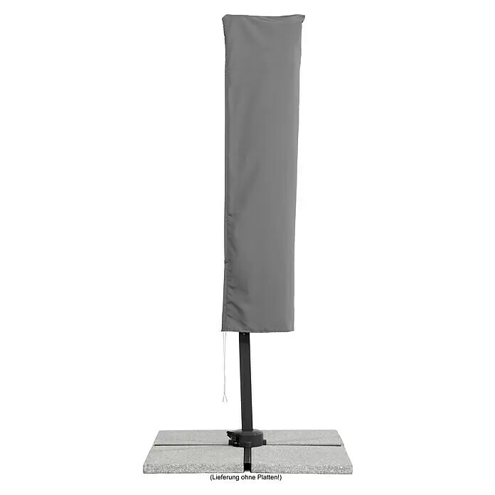Schneider Classic Ampelschirm Rhodos Junior - Rot, Bespannungsmaß (L x B): 230 x 230 cm - Graue Schutzhülle für einen Sonnenschirm auf schwarzem Ständer.