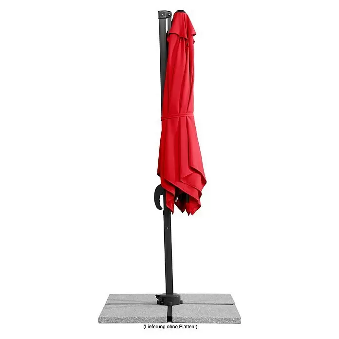 Schneider Classic Ampelschirm Rhodos Junior - Rot, Bespannungsmaß (L x B): 230 x 230 cm - Geklappter roter Ampelschirm mit schwarzem Ständer, am Sockel mit grauen Gehwegplatten gesichert.