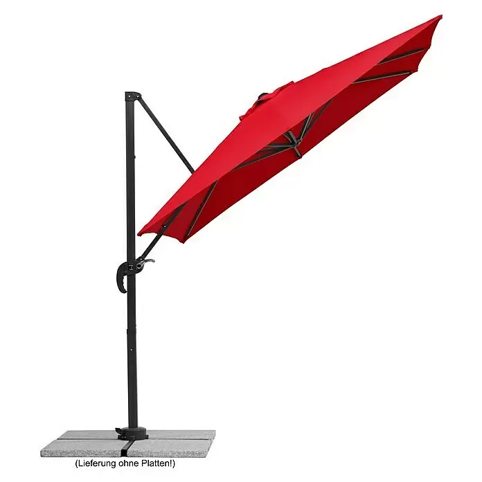 Schneider Classic Ampelschirm Rhodos Junior - Rot, Bespannungsmaß (L x B): 230 x 230 cm - Roter Ampelschirm mit schwarzem Ständer und grauem Fuß.