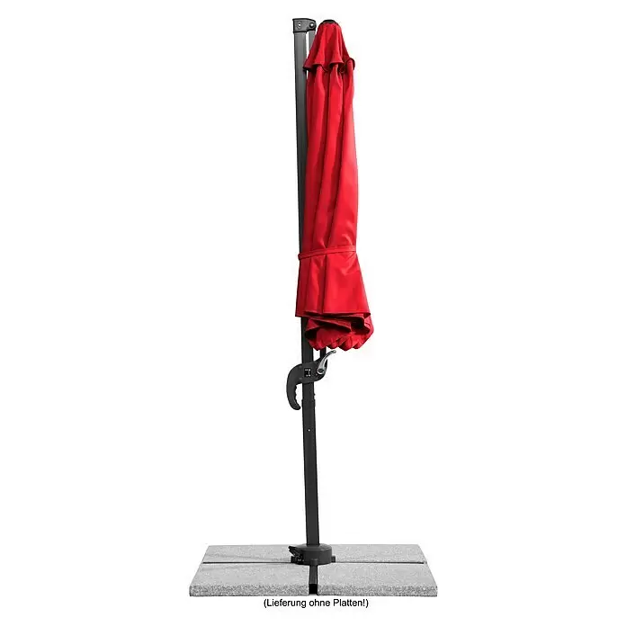 Schneider Ampelschirm rund Rhodos Junior - Rot, Durchmesser Bespannung: 300 cm - Geklappter roter Ampelschirm mit schwarzem Gestell und Fuß, auf grauen Terrassenplatten stehend (Platten nicht enthalten).