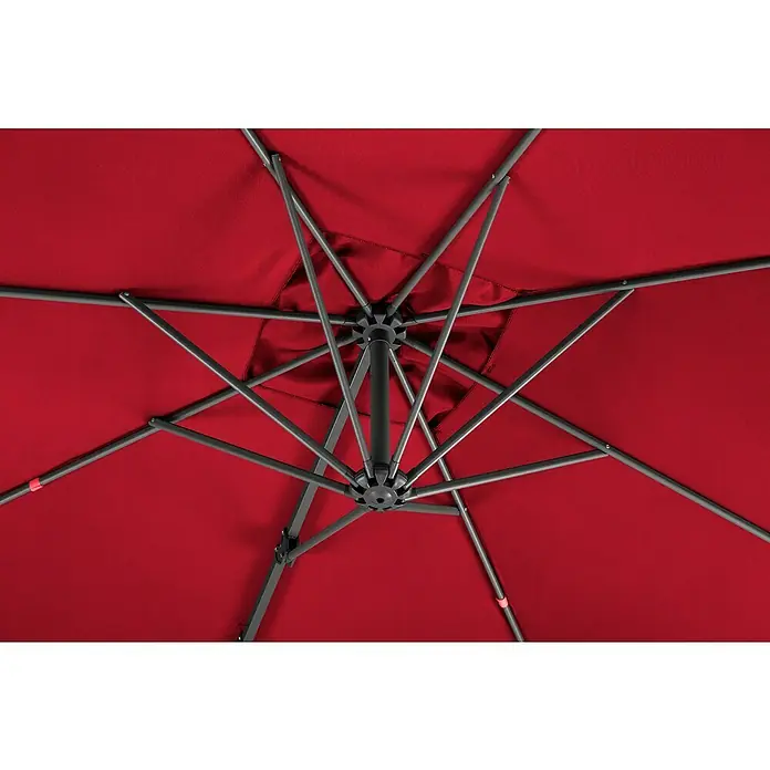 Schneider Classic Ampelschirm Rhodos Junior - Rot, Bespannungsmaß (L x B): 270 x 270 cm - Detailaufnahme der Unterseite eines roten Sonnenschirms, der das Gestell und die Stoffstruktur zeigt.