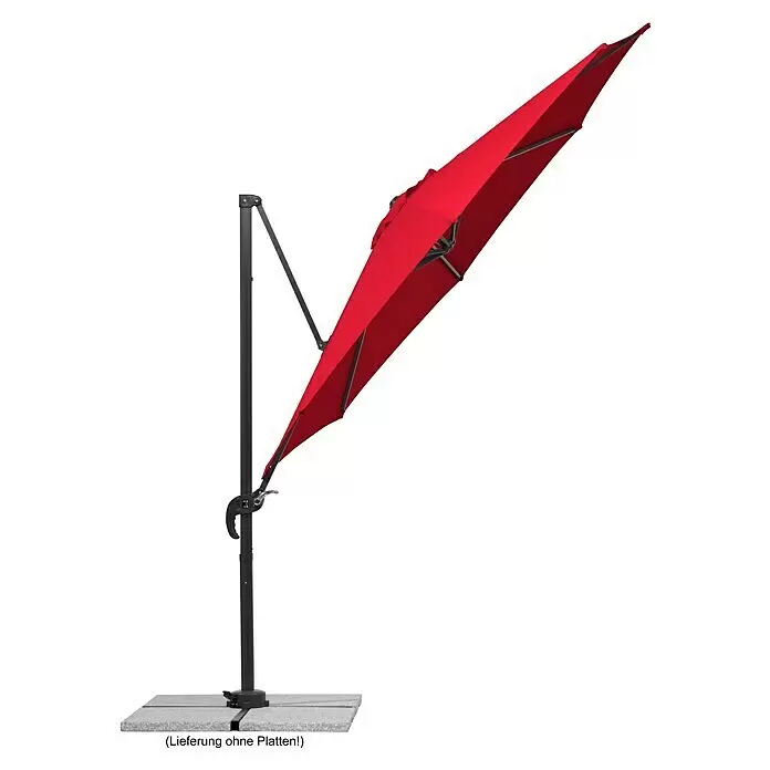 Schneider Ampelschirm rund Rhodos Junior - Rot, Durchmesser Bespannung: 300 cm - Roter Freiarmschirm mit dunklem Gestell und grauen Bodenplatten.
