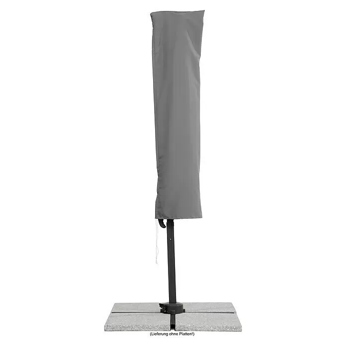 Schneider Ampelschirm rund Rhodos Junior - Rot, Durchmesser Bespannung: 300 cm - Graue Sonnenschirmhülle auf schwarzem Mast mit vierteiliger Basis.
