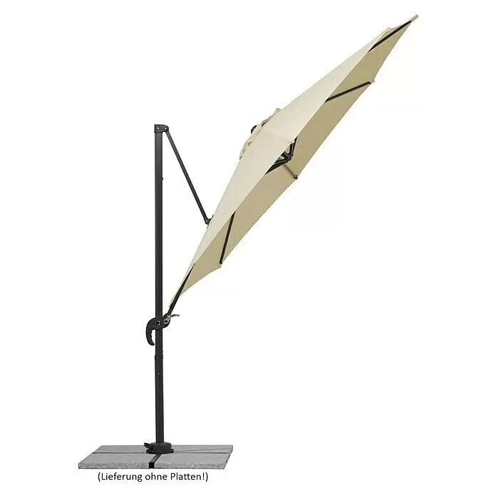 Schneider Ampelschirm rund Rhodos Junior - Natur, Durchmesser Bespannung: 300 cm - Beige Ampelschirm mit schwarzem Ständer und Fuß, schräg gestellt.