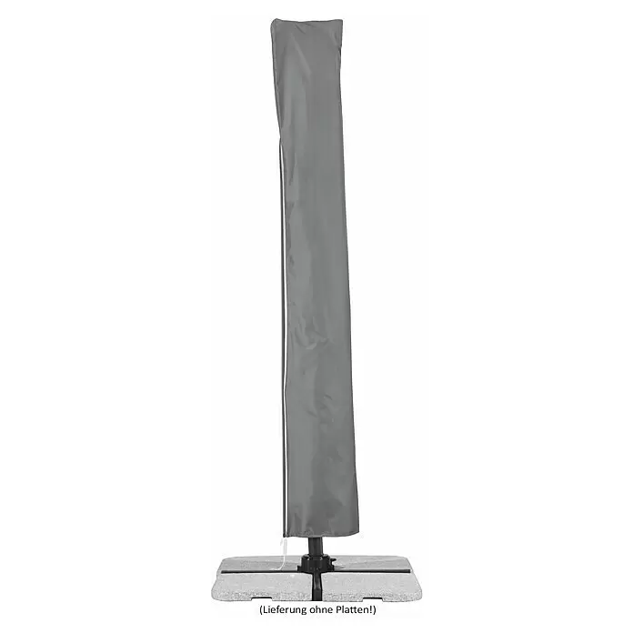 Schneider Classic Ampelschirm Rhodos Junior - Rot, Bespannungsmaß (L x B): 270 x 270 cm - Graue Schutzhülle für einen Sonnenschirm, teilweise geöffnet, auf einem schwarzen Kreuzfuß.