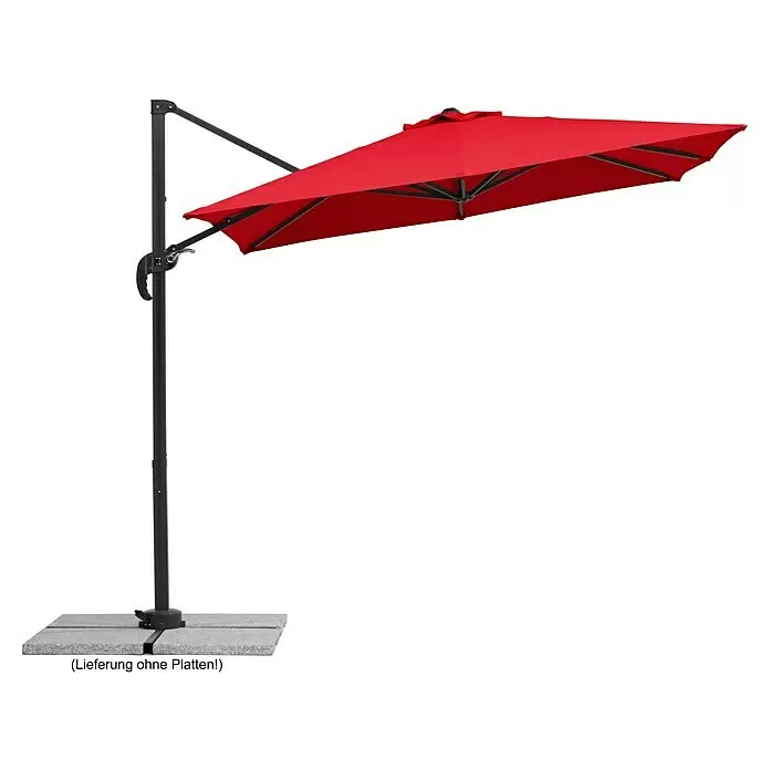 Schneider Classic Ampelschirm Rhodos Junior - Rot, Bespannungsmaß (L x B): 230 x 230 cm - Roter Ampelschirm mit schwarzem Gestell, Seitenstange und Verstellmechanismus, stehend auf einem grauen Kreuzfuß.