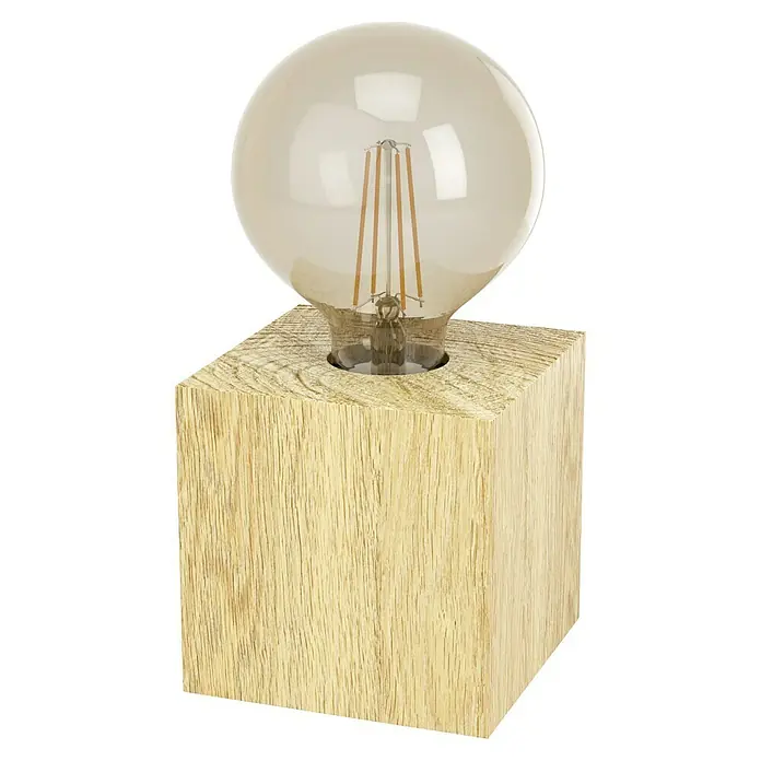 Eglo Tischleuchte PRESTWICK 2 - 40 W, L x B x H: 9,5 x 9,5 x 9,5 cm, Braun, E27 - Nahaufnahme einer Holztischleuchte mit einer Edison-Glühbirne, die warmes Licht ausstrahlt und eine gemütliche Atmosphäre schafft.