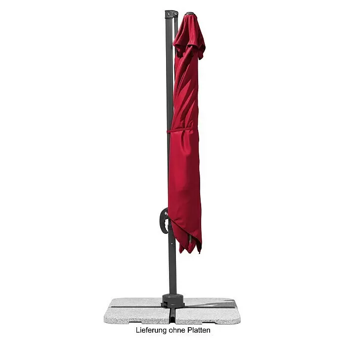 Schneider Classic Ampelschirm Rhodos Junior - Rot, Bespannungsmaß (L x B): 270 x 270 cm - Roter Sonnenschirm, geschlossen und gebunden, auf einem dunkelgrauen Standfuß. Platten für den Fuß separat erhältlich.