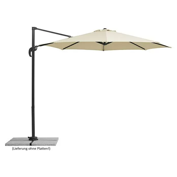 Schneider Ampelschirm rund Rhodos Junior - Natur, Durchmesser Bespannung: 300 cm - Beiger Freiarmschirm mit schwarzem Metallgestell und einem stabilen grauen Standfuß aus vier Platten, der großflächigen Schatten spendet.