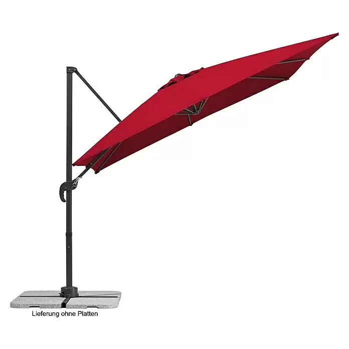Schneider Classic Ampelschirm Rhodos Junior - Rot, Bespannungsmaß (L x B): 270 x 270 cm - Roter Ampelschirm mit schwarzem Gestell und grauem Standfuß, schräg aufgestellt.