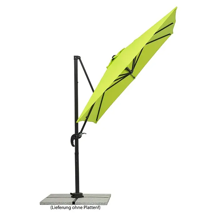 Schneider Classic Ampelschirm Rhodos Junior - Apfelgrün, Bespannungsmaß (L x B): 230 x 230 cm - Ein moderner, hellgrüner Ampelschirm mit schwarzem Gestell und Betonplatten als Standfuß. Sonnenschutz im Freien für entspannte Stunden.