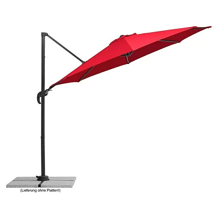 Schneider Ampelschirm rund Rhodos Junior - Rot, Durchmesser Bespannung: 300 cm - Roter Freiarmschirm mit schwarzem Mast und grauem Fuß, schattenspendend ausgerichtet.