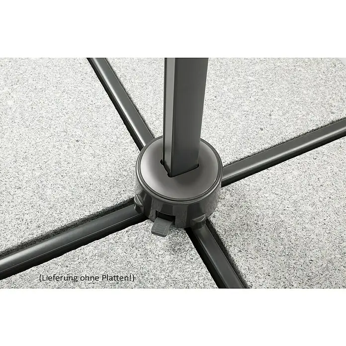Schneider Classic Ampelschirm Rhodos Junior - Rot, Bespannungsmaß (L x B): 270 x 270 cm - Nahaufnahme des Sockels eines Sonnenschirms, der auf einem gepflasterten Bereich steht und Stabilität und Halt bietet.