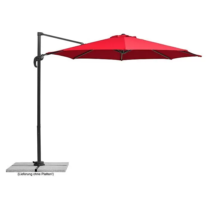 Schneider Ampelschirm rund Rhodos Junior - Rot, Durchmesser Bespannung: 300 cm - Roter Ampelschirm mit dunklem Mast und grauer Plattenbasis.