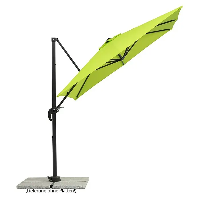 Schneider Classic Ampelschirm Rhodos Junior - Apfelgrün, Bespannungsmaß (L x B): 230 x 230 cm - Bild eines grünen, freistehenden Sonnenschirms mit schwarzem Gestell auf einer grauen Steinplatte. Ideal für den Garten, liefert Schatten und Schutz.