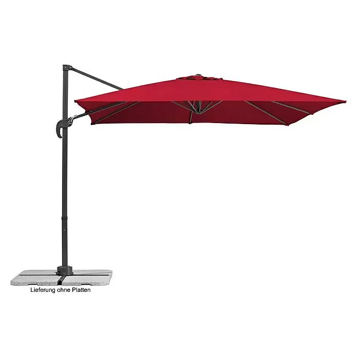 Schneider Classic Ampelschirm Rhodos Junior - Rot, Bespannungsmaß (L x B): 270 x 270 cm - Roter Ampelschirm mit dunkelgrauem Gestell, abgewinkeltem Arm und Granit-Basis.
