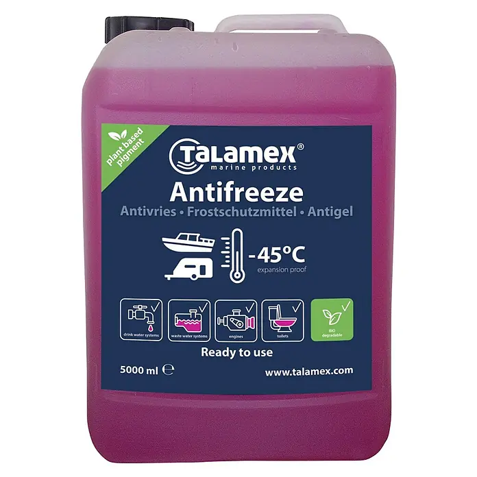 Talamex Frostschutzmittel Anti Freeze für Trink-, Kühl- & Motorsysteme - Geeignet für: Motoren, Nettovolumen: 5 l, Frostsicher: -45 °C - Abbildung eines Kanisters Talamex Antifreeze, einem Frostschutzmittel für Schiffe, mit 5000 ml Inhalt.