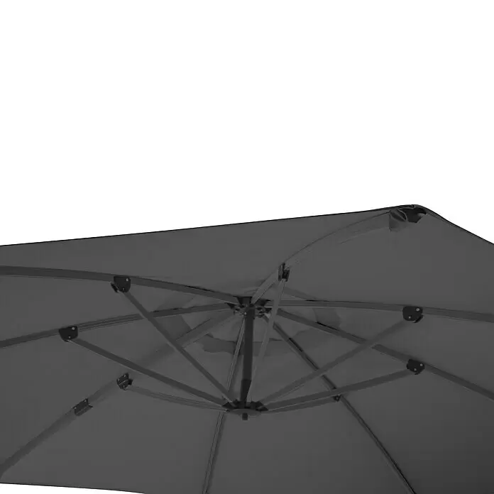 Schneider Classic Ampelschirm rund Rhondos Rondo - Anthrazit, Durchmesser Bespannung: 350 cm - Unteransicht eines grauen Sonnenschirms, der sein robustes Metallgestell und die Streben zeigt.