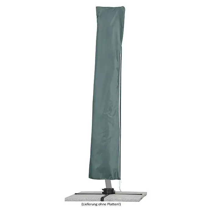Schneider Classic Ampelschirm rund Rhondos Rondo - Anthrazit, Durchmesser Bespannung: 350 cm - Graue Regenschirm-Schutzhülle mit weißem Reißverschluss, auf einem Schirmständer stehend.