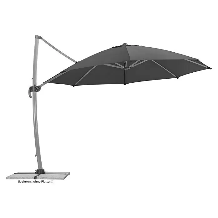 Schneider Classic Ampelschirm rund Rhondos Rondo - Anthrazit, Durchmesser Bespannung: 350 cm - Dunkelgrauer Ampelschirm mit geschwungenem silberfarbenem Aluminiumgestell und Kreuzfuß.