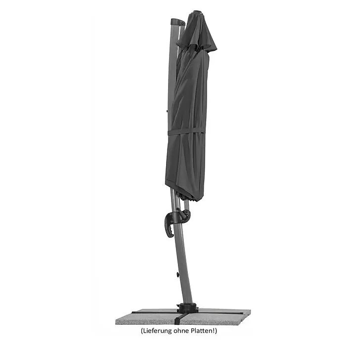Schneider Classic Ampelschirm rund Rhondos Rondo - Anthrazit, Durchmesser Bespannung: 350 cm - Geschlossener dunkelgrauer Ampelschirm, zusammengeklappt und mit einem Gurt gesichert, montiert auf einem grauen Ständer mit Kreuzfuß.