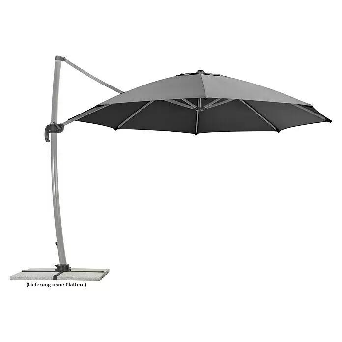 Schneider Classic Ampelschirm rund Rhondos Rondo - Anthrazit, Durchmesser Bespannung: 350 cm - Grau Freiarmschirm mit Seitenmast und quadratischem Schirmdach. Verfügt über Kurbelmechanismus und eine Basis für Beschwerungsplatten (nicht enthalten).