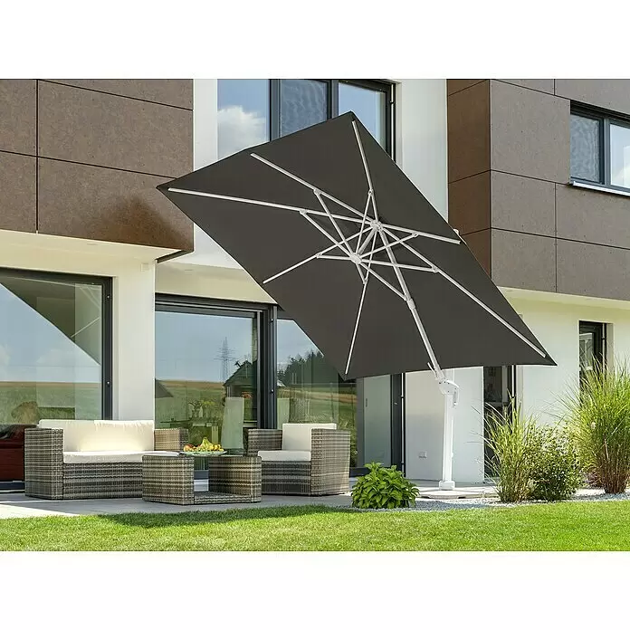 Schneider Classic Ampelschirm Rhodos Twist Bianco - Anthrazit, Bespannungsmaß (L x B): 300 x 300 cm - Dunkelgrauer Ampelschirm mit weißem Gestell, spendet Schatten über Gartenmöbeln.