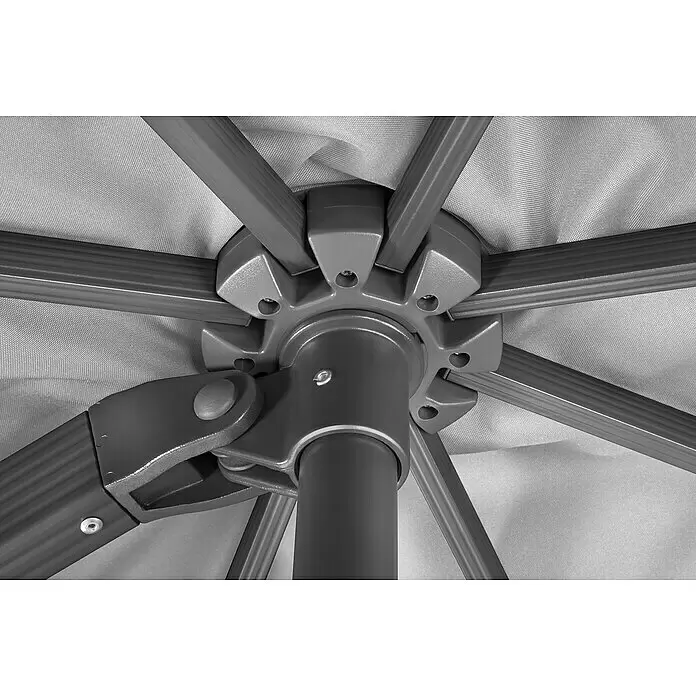 Schneider Classic Ampelschirm Rhodos Smart - Silbergrau, Bespannungsmaß (L x B): 300 x 300 cm - Nahaufnahme des grauen Metallgestells und der Mittelachse eines Sonnenschirms, die das hellgraue Stoffdach stützen.