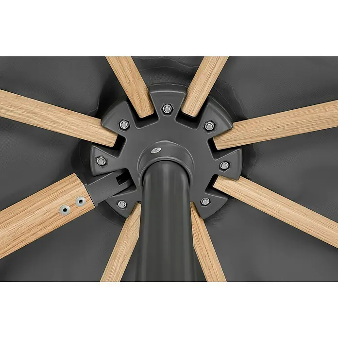 Schneider Classic Ampelschirm Rhodos Twist Woody - Anthrazit, Bespannungsmaß (L x B): 300 x 300 cm - Detailansicht eines Sonnenschirms mit Holzstreben und grauem Bezug. Die Konstruktion zeigt eine robuste Bauweise mit stabilen Verbindungen.