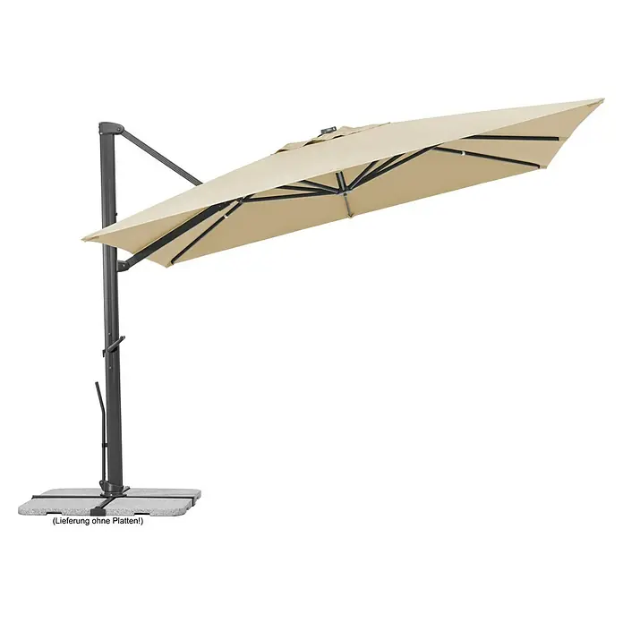 Schneider Classic Ampelschirm Rhodos Smart - Natur, Bespannungsmaß (L x B): 300 x 300 cm - Ein beigefarbener, rechteckiger Sonnenschirm mit Stahlrahmen und grauem Ständer sorgt für Schatten im Freien.