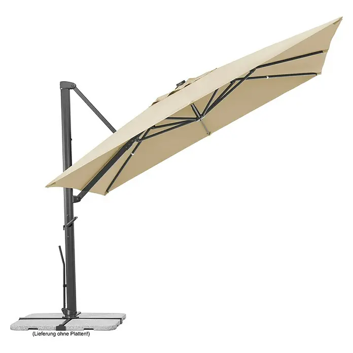 Schneider Classic Ampelschirm Rhodos Smart - Natur, Bespannungsmaß (L x B): 300 x 300 cm - Ein großer, beigefarbener Sonnenschirm mit stabilem, grauem Metallgestell spendet Schatten. Die Platten sind nicht enthalten.