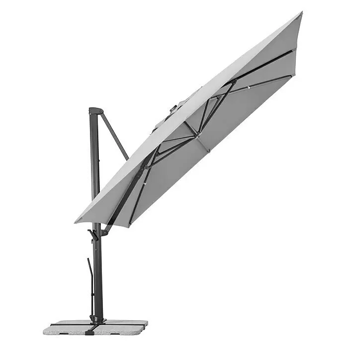 Schneider Classic Ampelschirm Rhodos Smart - Silbergrau, Bespannungsmaß (L x B): 300 x 300 cm - Grauer Ampelschirm mit dunkelgrauem Gestell und Standfuß, zum Schatten geneigt.