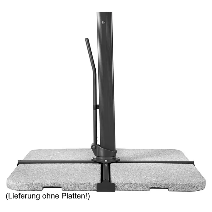 Schneider Classic Ampelschirm Rhodos Smart - Natur, Bespannungsmaß (L x B): 300 x 300 cm - Nahaufnahme des Sockels eines Sonnenschirms. Der Sockel besteht aus vier Betonplatten und einem schwarzen Metallgestell.