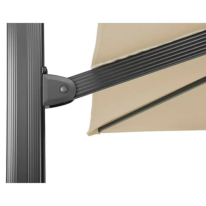 Schneider Classic Ampelschirm Rhodos Smart - Natur, Bespannungsmaß (L x B): 300 x 300 cm - Nahaufnahme eines beigen Markisenstoffs an einem dunkelgrauen, gerippten Metallarm, der an einer vertikalen Stange schwenkt.