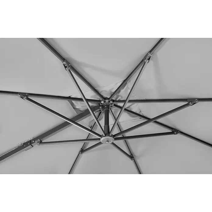 Schneider Classic Ampelschirm Rhodos Smart - Silbergrau, Bespannungsmaß (L x B): 300 x 300 cm - Detailaufnahme der robusten Konstruktion eines Sonnenschirms, die Stabilität und Schatten garantiert.\n