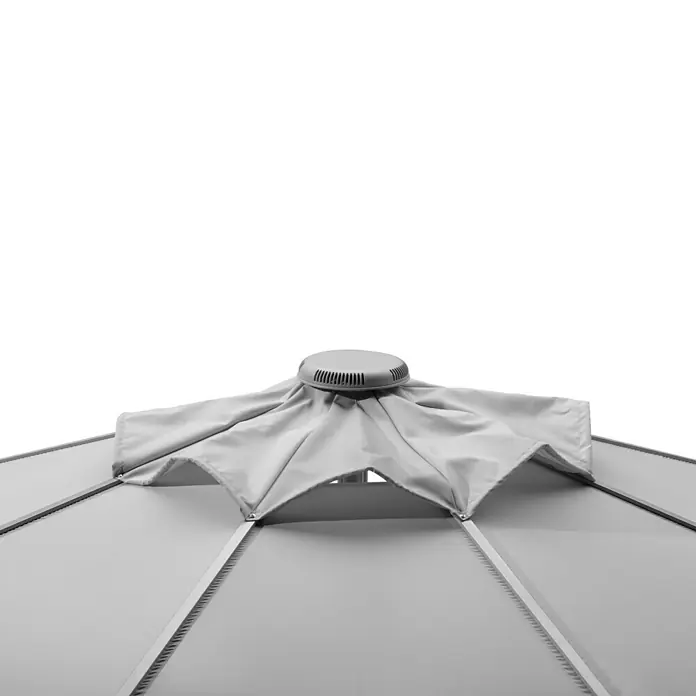 Schneider Classic Marktschirm rund Rooftop - Silbergrau, Durchmesser Bespannung: 350 cm - Detailaufnahme des oberen Teils eines grauen Pavillons, der eine stilvolle und funktionelle Gestaltung zeigt.