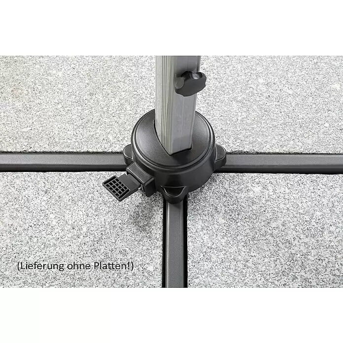 Schneider Classic Ampelschirm rund Rhondos Rondo - Sand, Durchmesser Bespannung: 350 cm - Dunkelgrauer Sonnenschirmständer mit hellgrauer Stange, zur Integration in Pflastersteine konzipiert.