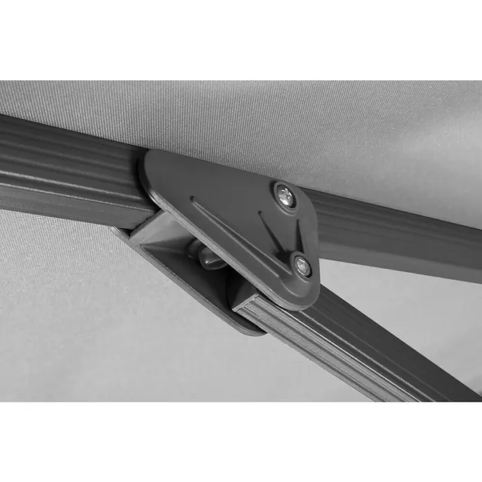 Schneider Classic Ampelschirm Rhodos Smart - Silbergrau, Bespannungsmaß (L x B): 300 x 300 cm - Nahaufnahme der Metallverstrebungen und Schrauben eines Pavillons, die Stabilität und Haltbarkeit des Produkts unterstreichen.