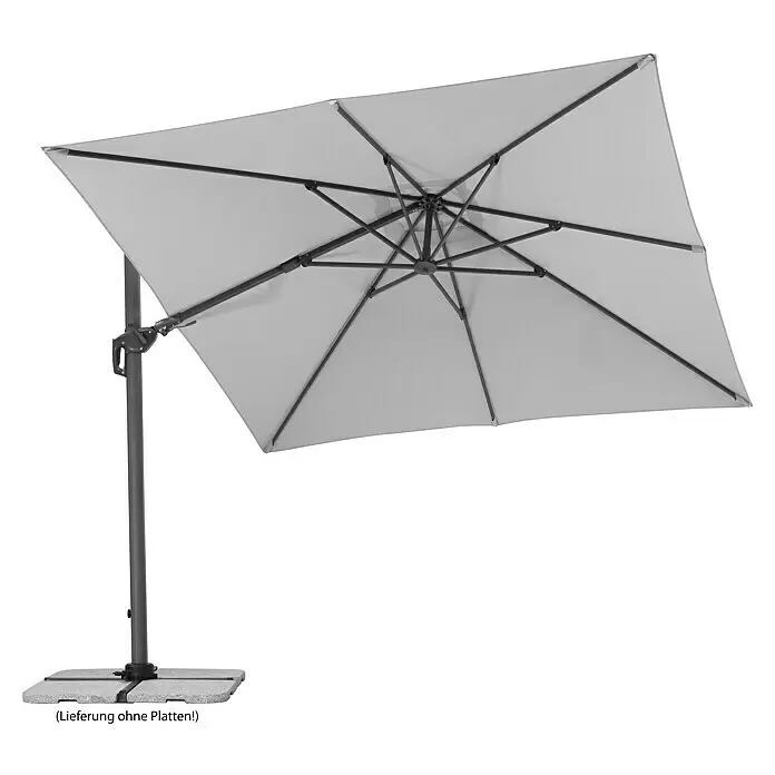 Schneider Classic Ampelschirm Rhodos Twist - Silbergrau, Bespannungsmaß (L x B): 300 x 300 cm - Grauer quadratischer Ampelschirm mit dunklem Gestell, auf Standkreuz, aber Beschwerungsplatten sind nicht enthalten.