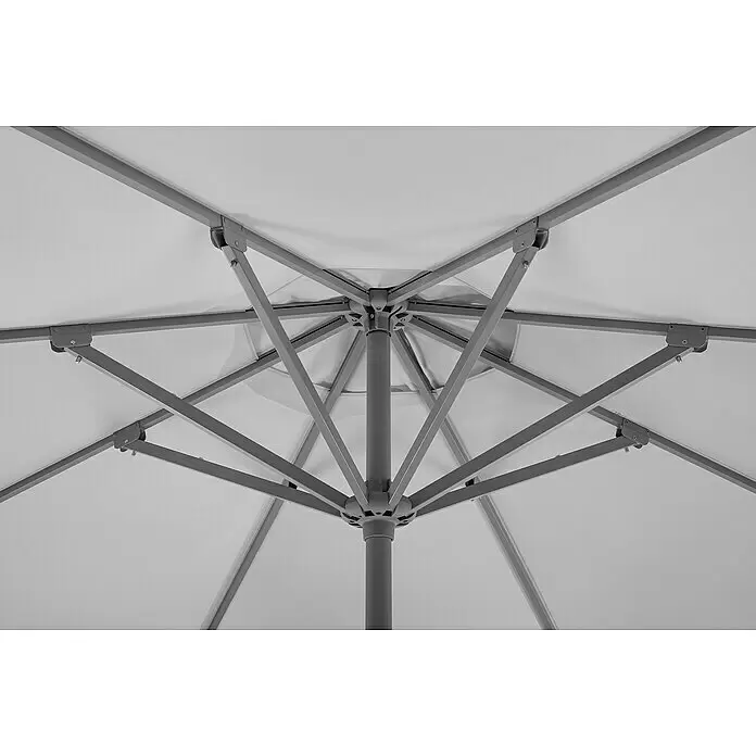 Schneider Classic Marktschirm rund Rooftop - Silbergrau, Durchmesser Bespannung: 350 cm - Unteransicht des grauen Metallgestells und weißen Stoffdachs eines geöffneten Sonnenschirms.